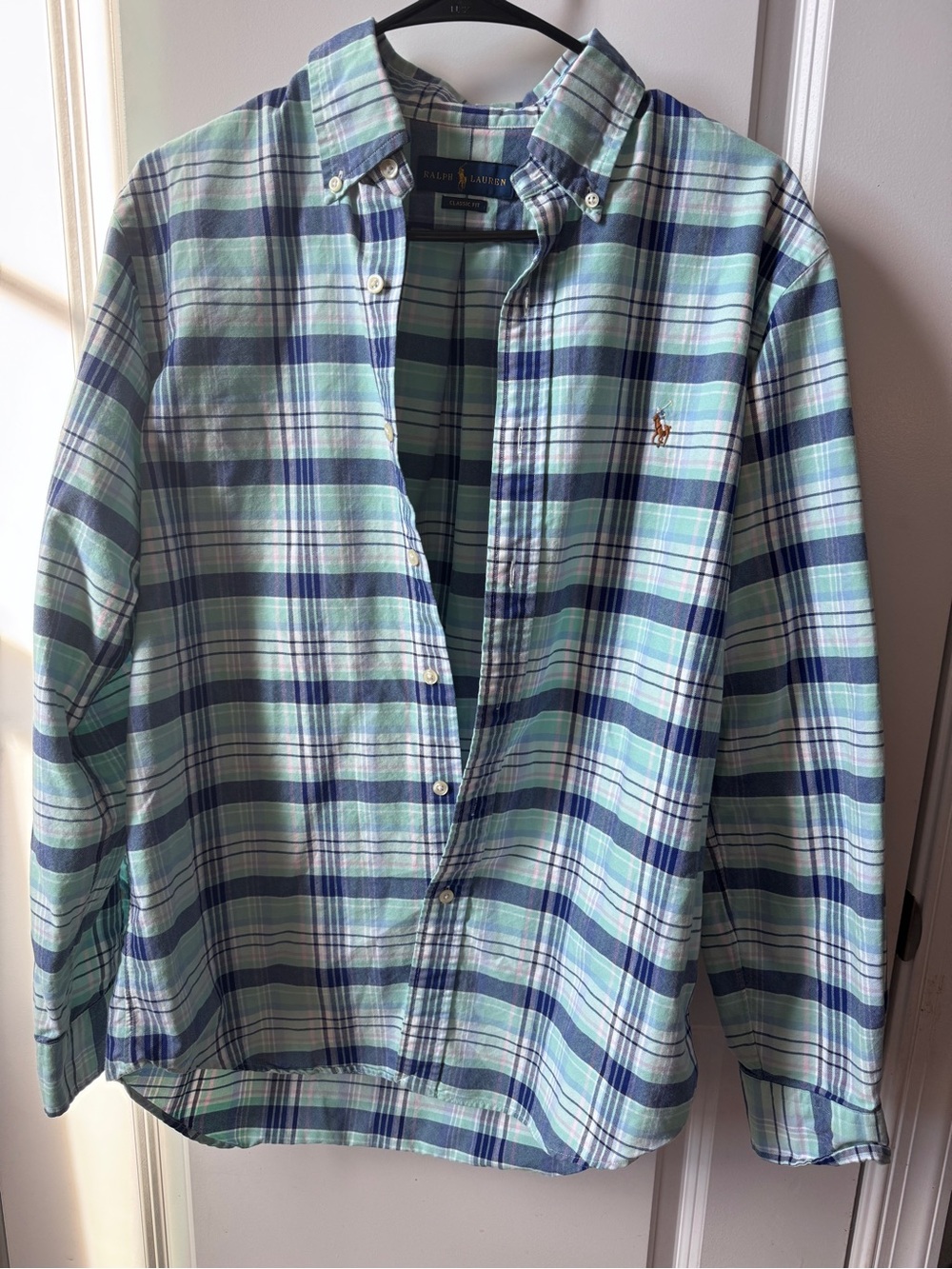 Ralph Lauren Mint Green & Navy Plaid Button-Down Shirt with Polo Logo